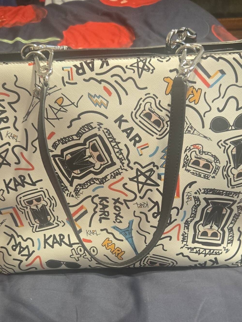 Karl Lagerfeld White Graphic Multicolor Tote with Black Handles